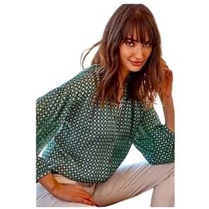 J. Jill Long Sleeve Collarless Button Down Green White Print Blouse Medium‎